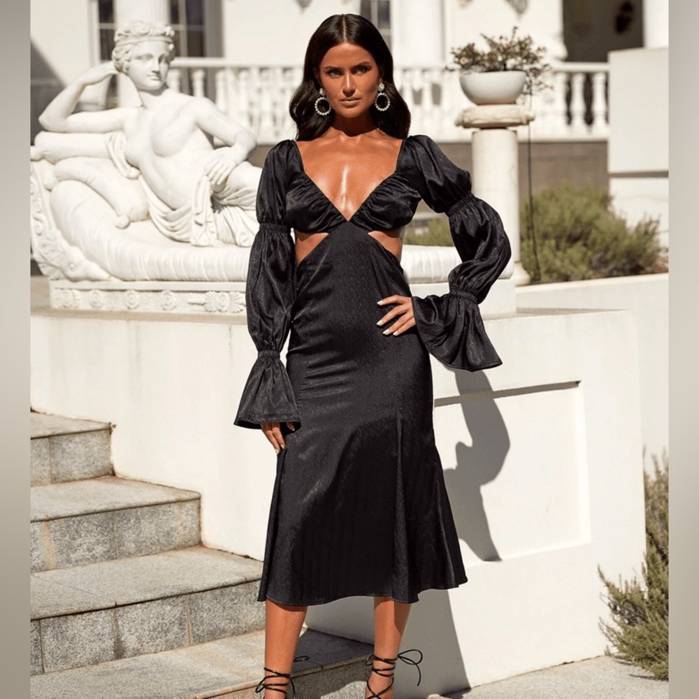 Alamour the Label Kamaria dress in black satin with long sleeves and cut outs